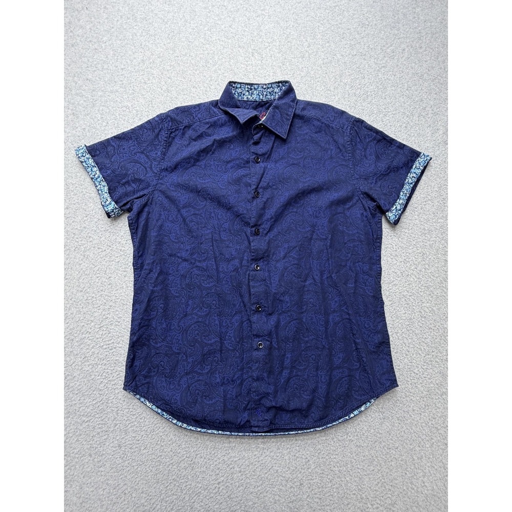 Robert Graham Shirt Mens Large Blue Paisley‎ Short Sleeve Button Cotton Casual